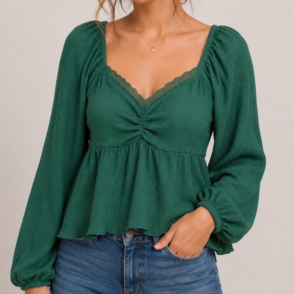 Arula NWT 1X Emerald Green Peasant Blouse Plus Size Cottagecore Romantic Top